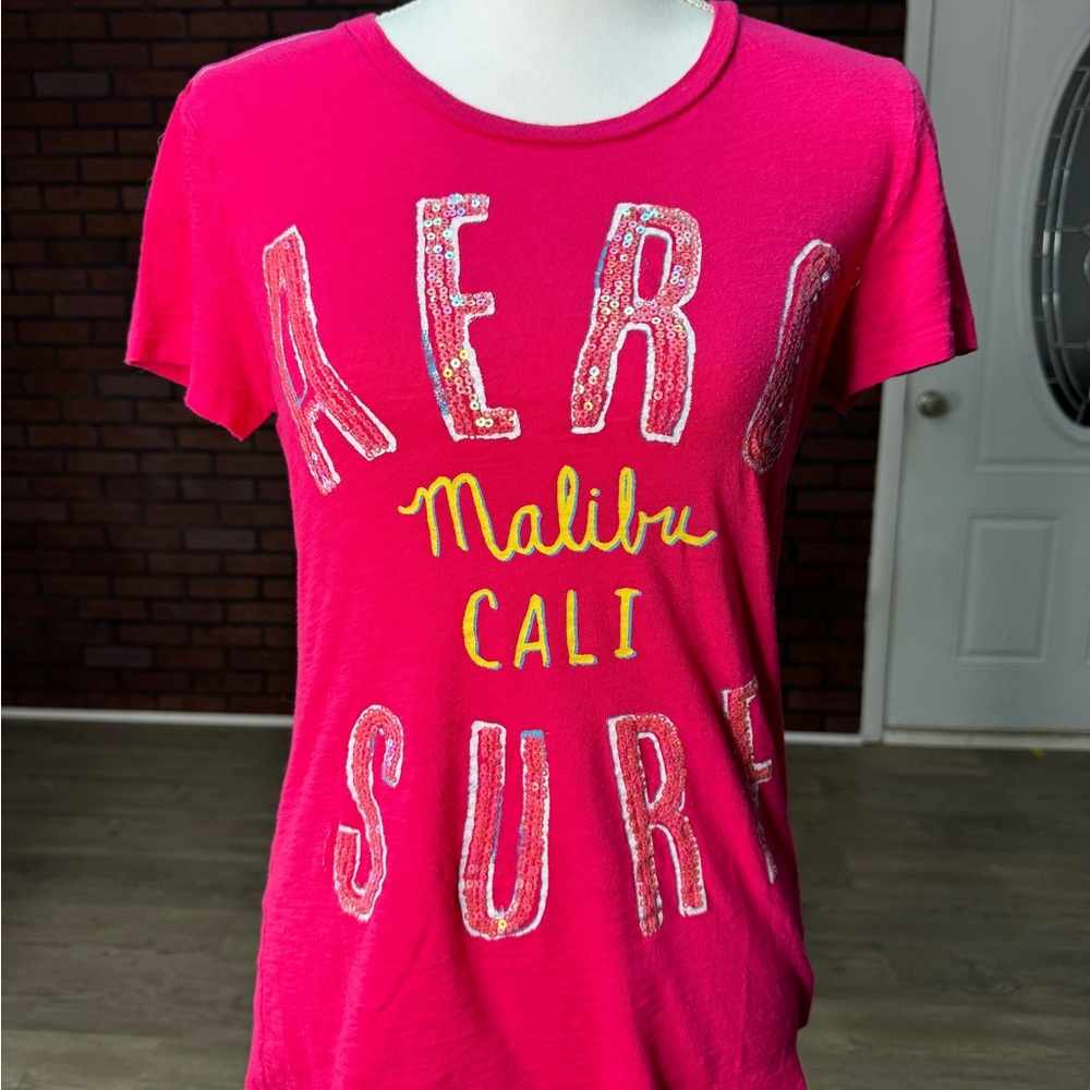 Aeropostale Pink‎ Graphic Tee Large Malibu Cali Surf Sequin Y2K